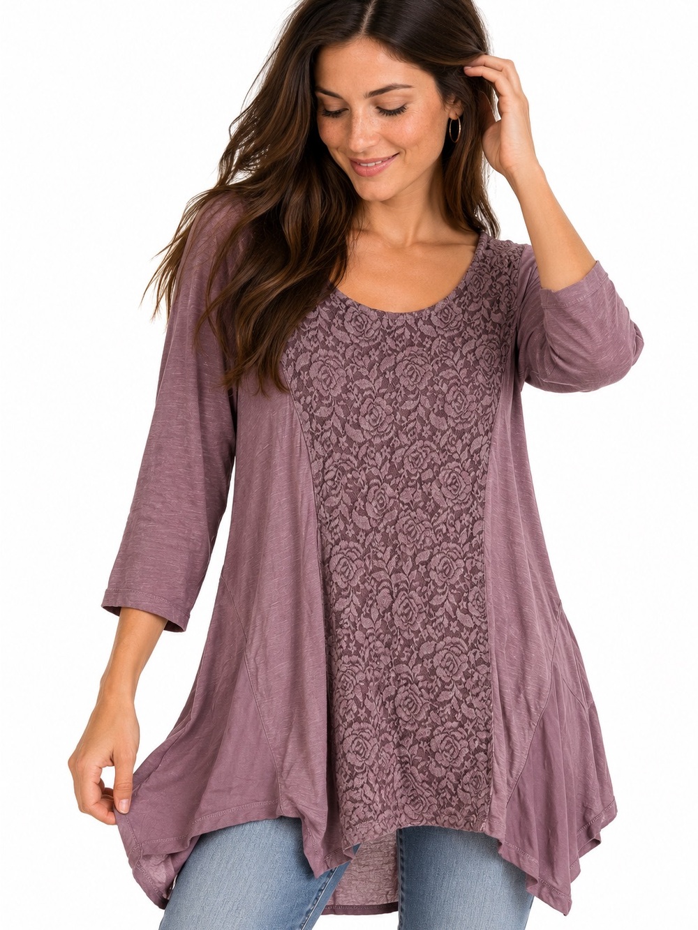 💗5 for $25💗 Women's Lace-Front Scoop Neck Long Tunic Top - Dusty Mauve